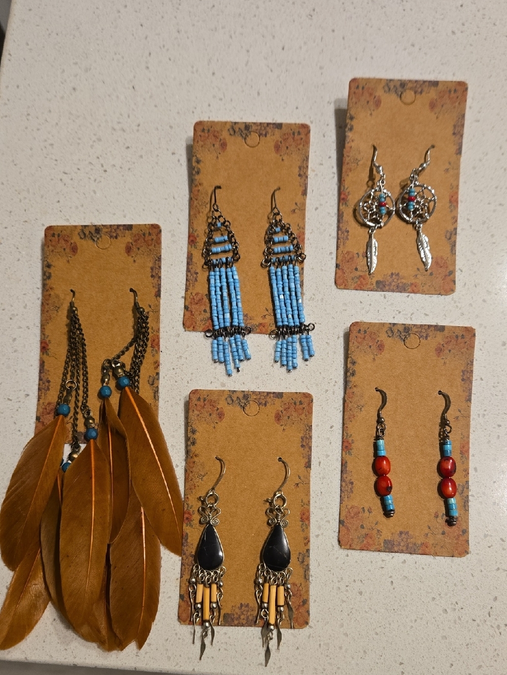 5 Bohemian Feather and Bead Earring Set